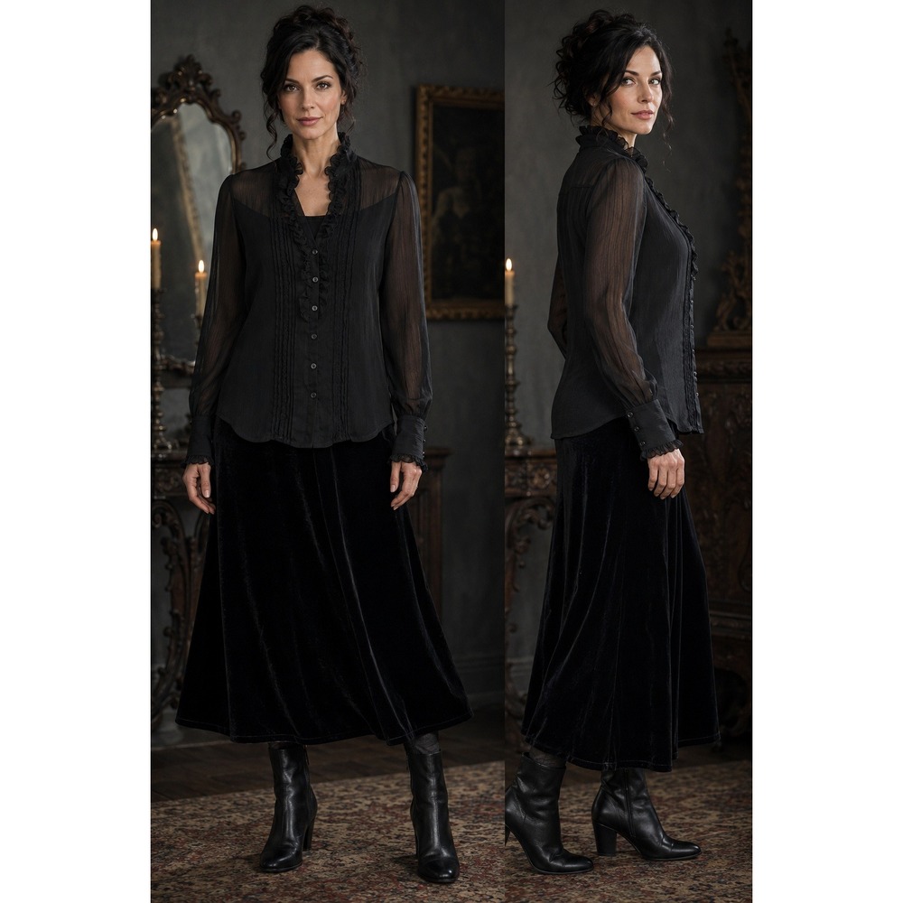 Vintage Worthington Blouse Sheer Ruffle Lace Women 10 Black Victorian‎ Goth Y2K